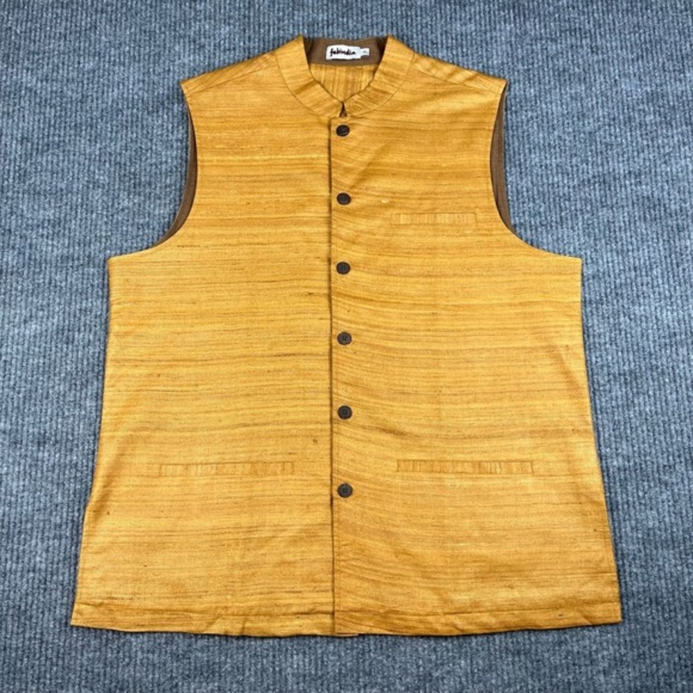 Fabindia Nehru Mens XL Silk Cotton Lined Vest Sleeveless Pockets Minimalist Chic